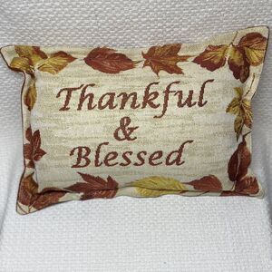 Thankful & Blessed Throw Pillow With A Boarder of Gold and Orange Leaves & Gold